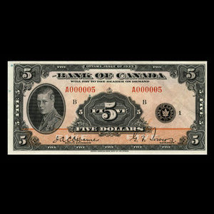 Canada, Banque du Canada, 5 dollars : 1935