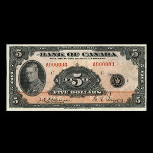 Canada, Banque du Canada, 5 dollars : 1935