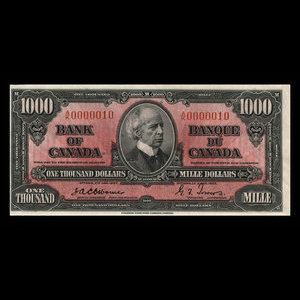 Canada, Banque du Canada, 1,000 dollars : 2 janvier 1937