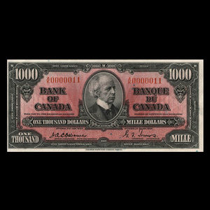 Canada, Banque du Canada, 1,000 dollars : 2 janvier 1937