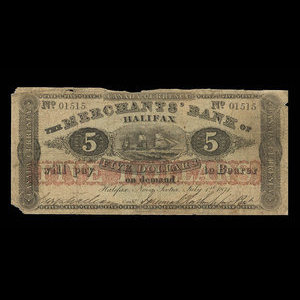 Canada, Merchants' Bank of Halifax, 5 dollars : 1 juillet 1871