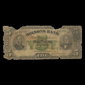 Canada, Molsons Bank, 5 dollars : 2 juillet 1890