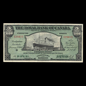 Barbade, Banque Royale du Canada, 5 dollars : 2 janvier 1920