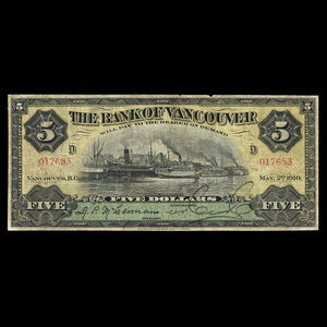 Canada, Bank of Vancouver, 5 dollars : 2 mai 1910