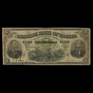 Canada, Western Bank of Canada, 5 dollars : 2 octobre 1882