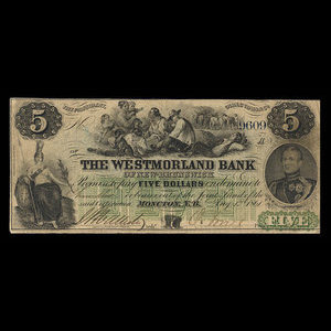 Canada, Westmorland Bank of New Brunswick, 5 dollars : 1 août 1861