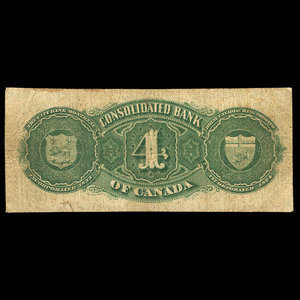 Canada, Consolidated Bank of Canada, 4 dollars : 1 juillet 1876