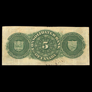 Canada, Consolidated Bank of Canada, 5 dollars : 1 juillet 1876