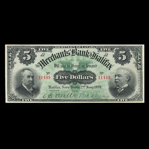 Canada, Merchants' Bank of Halifax, 5 dollars : 2 janvier 1899