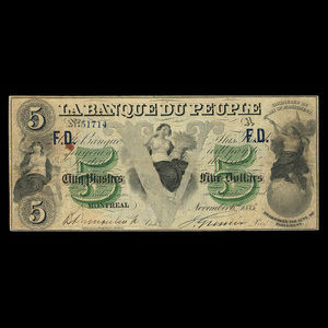 Canada, Banque du Peuple (People's Bank), 5 dollars : 6 novembre 1885