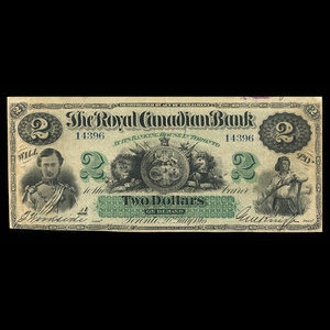 Canada, Royal Canadian Bank, 2 dollars : 26 juillet 1865