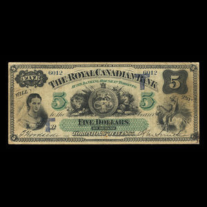 Canada, Royal Canadian Bank, 5 dollars : 26 juillet 1865