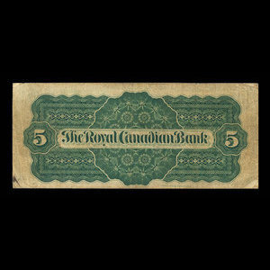 Canada, Royal Canadian Bank, 5 dollars : 26 juillet 1865