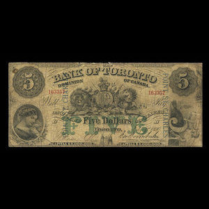 Canada, Bank of Toronto (The), 5 dollars : 1 juillet 1890