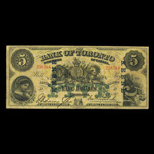 Canada, Bank of Toronto (The), 5 dollars : 1 juillet 1890