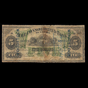 Canada, Consolidated Bank of Canada, 5 dollars : 1 juillet 1876