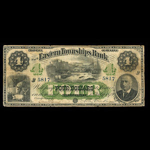 Canada, Eastern Townships Bank, 4 dollars : 1 juillet 1879