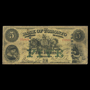 Canada, Bank of Toronto (The), 5 dollars : 1 juillet 1890