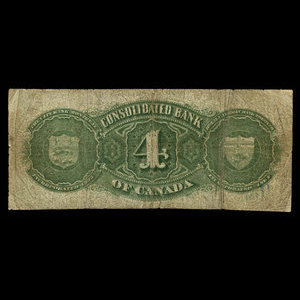 Canada, Consolidated Bank of Canada, 4 dollars : 1 juillet 1876