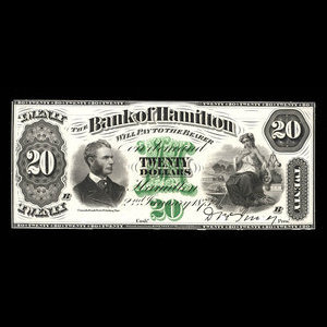 Canada, Bank of Hamilton, 20 dollars : 2 janvier 1873