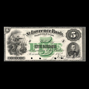 Canada, St. Lawrence Bank, 5 dollars : 2 décembre 1872