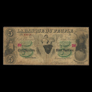 Canada, Banque du Peuple (People's Bank), 5 dollars : 6 novembre 1885