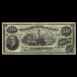 Canada, Standard Bank of Canada, 50 dollars : 1 décembre 1890