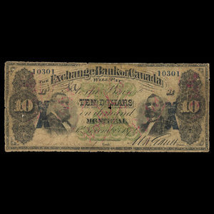 Canada, Exchange Bank of Canada, 10 dollars : 1 novembre 1872