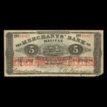 Canada, Merchants' Bank of Halifax, 5 dollars : 1 octobre 1873