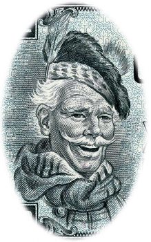 Gravure de billet de banque, homme souriant, cheveux blancs et moustache en guidon, écharpe écossaise et bonnet à pompon.