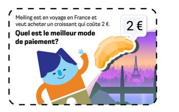 Personnage bleu faisant signe à côté d’une image d'une pâtisserie. Le texte se lit comme suit: Meiling est en voyage en France et veut acheter un croissant qui coûte 2 €. Quel est le meilleur mode de paiement?