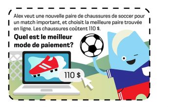 Personnage bleu avec un ballon de football. Le texte se lit comme suit: Alex veut une nouvelle paire de chaussures de soccer pour un match important, et choisit la meilleure paire trouvée en ligne. Les chaussures coûtent 110 $. Quel est le meilleur mode de paiement?