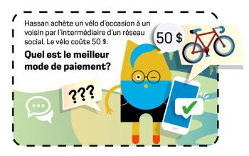 Personnage jaune avec un téléphone portable et l'image d'un vélo. Le texte se lit comme suit: Hassan achète un vélo d’occasion à un voisin par l’intermédiaire d’un réseau social. Le vélo coûte 50 $. Quel est le meilleur mode de paiement?