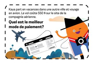 Personnage orange avec un appareil photo. Le texte se lit comme suit: Kaya part en vacances dans une autre ville et voyage en avion. Le vol coûte 550 $ sur le site de la compagnie aérienne. Quel est le meilleur mode de paiement?