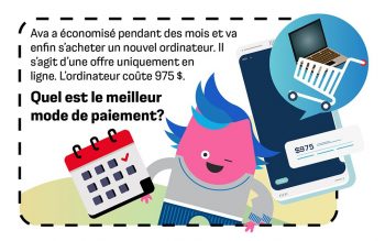 Personnage rose avec un téléphone portable. Le texte se lit comme suit: Ava a économisé pendant des mois et va enfin s’acheter un nouvel ordinateur. Il s’agit d’une offre uniquement en ligne. L’ordinateur coûte 975 $. Quel est le meilleur mode de paiement?